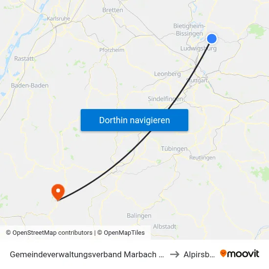 Gemeindeverwaltungsverband Marbach am Neckar to Alpirsbach map