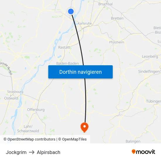 Jockgrim to Alpirsbach map