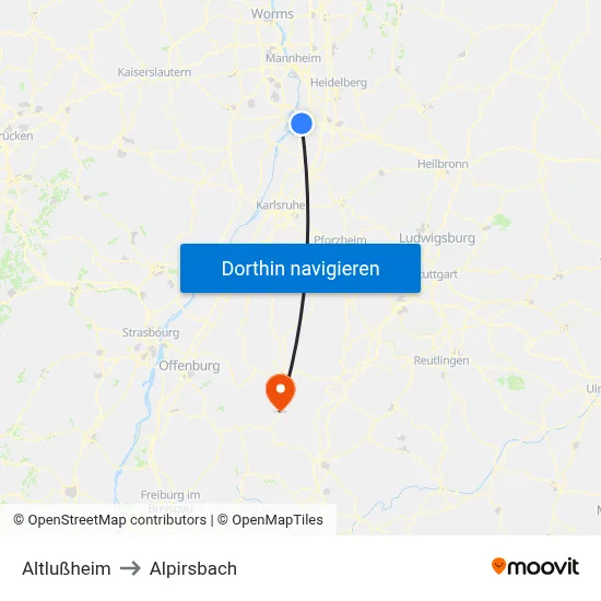 Altlußheim to Alpirsbach map