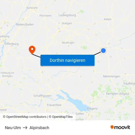 Neu-Ulm to Alpirsbach map