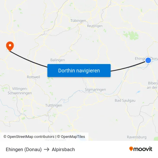 Ehingen (Donau) to Alpirsbach map