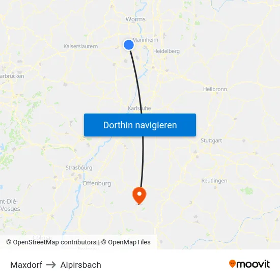 Maxdorf to Alpirsbach map