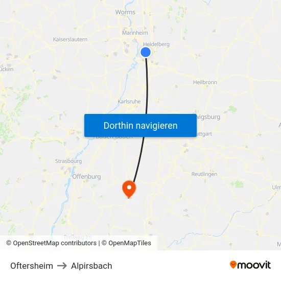 Oftersheim to Alpirsbach map