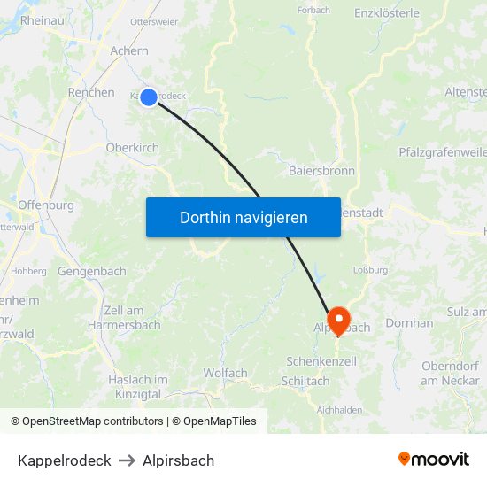 Kappelrodeck to Alpirsbach map