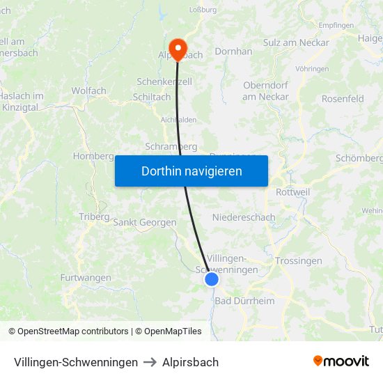 Villingen-Schwenningen to Alpirsbach map
