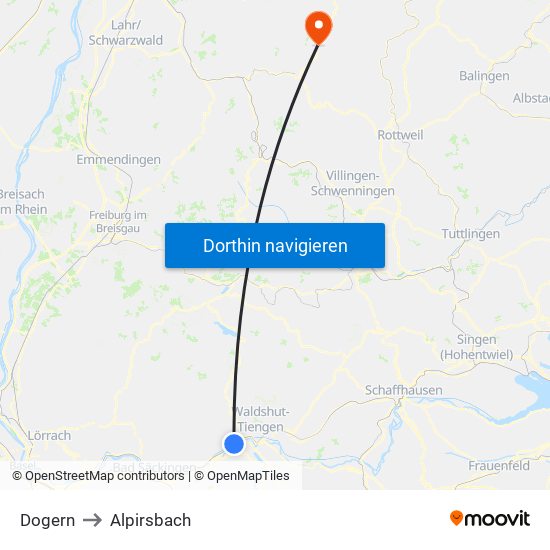 Dogern to Alpirsbach map