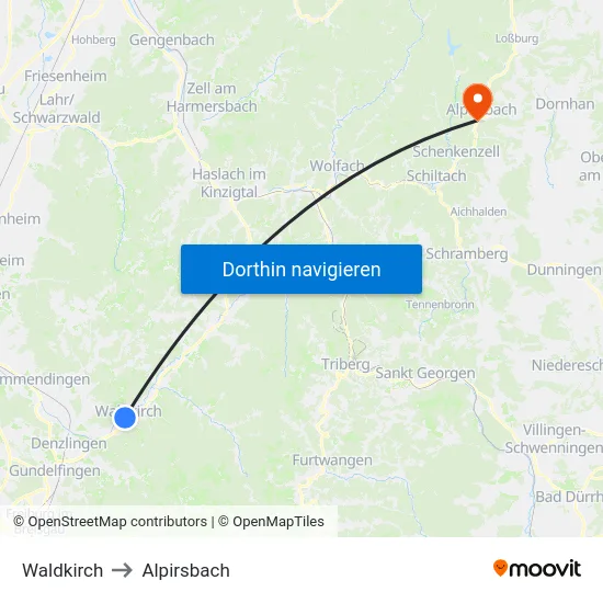Waldkirch to Alpirsbach map