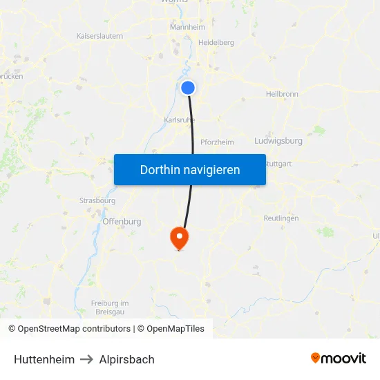 Huttenheim to Alpirsbach map