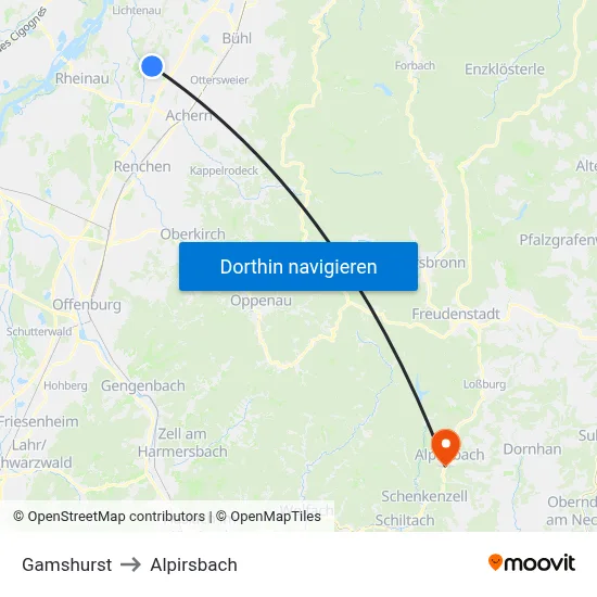 Gamshurst to Alpirsbach map