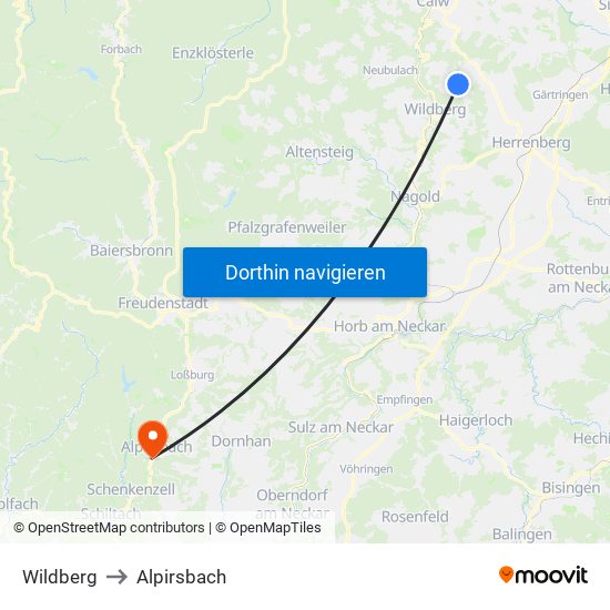 Wildberg to Alpirsbach map