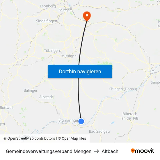 Gemeindeverwaltungsverband Mengen to Altbach map