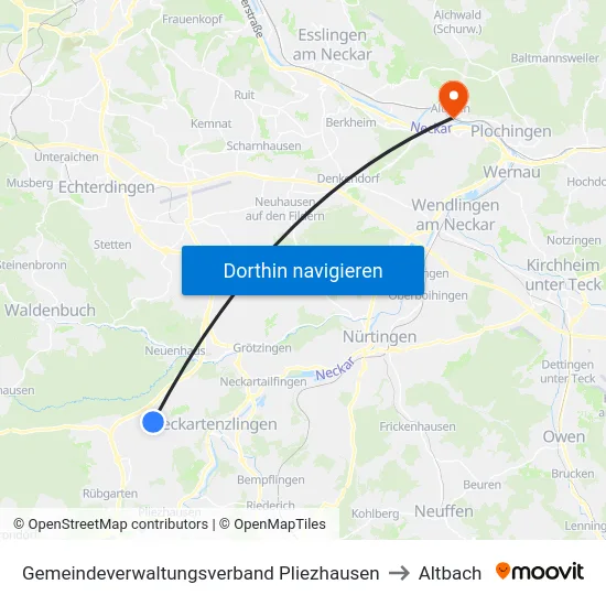 Gemeindeverwaltungsverband Pliezhausen to Altbach map