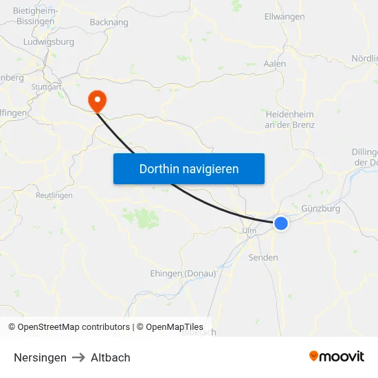 Nersingen to Altbach map