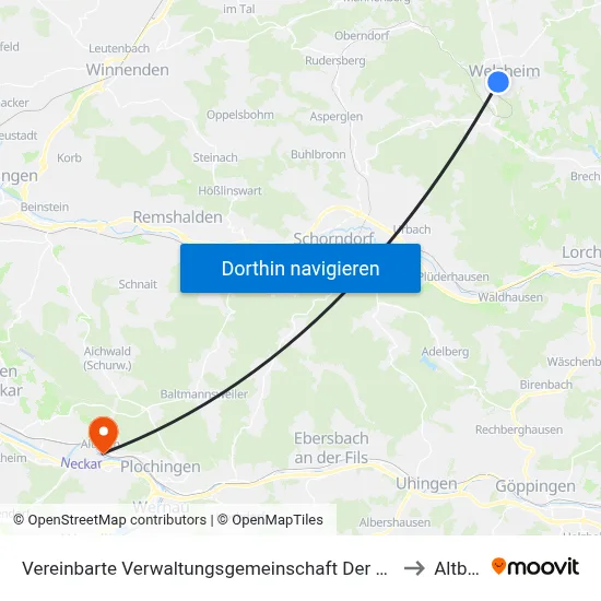 Vereinbarte Verwaltungsgemeinschaft Der Stadt Welzheim to Altbach map