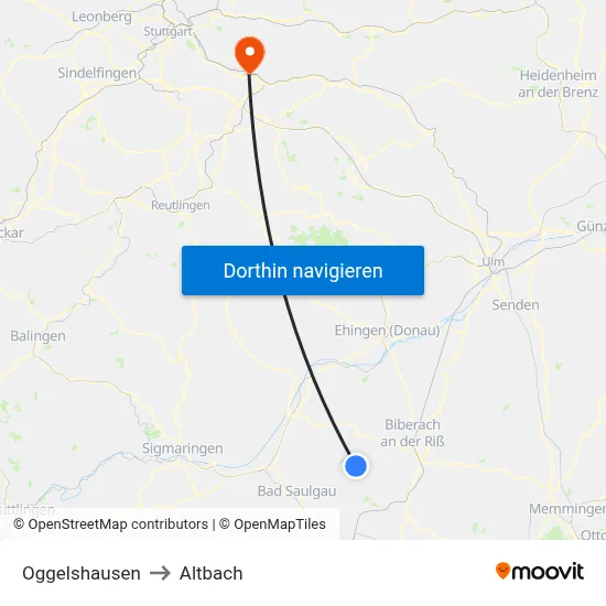 Oggelshausen to Altbach map