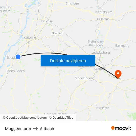 Muggensturm to Altbach map
