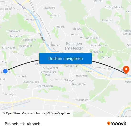 Birkach to Altbach map