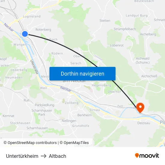 Untertürkheim to Altbach map