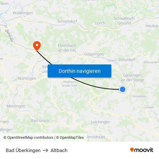 Bad Überkingen to Altbach map