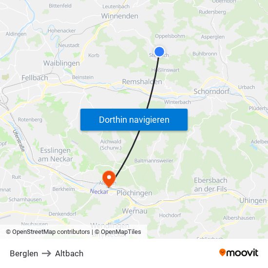 Berglen to Altbach map
