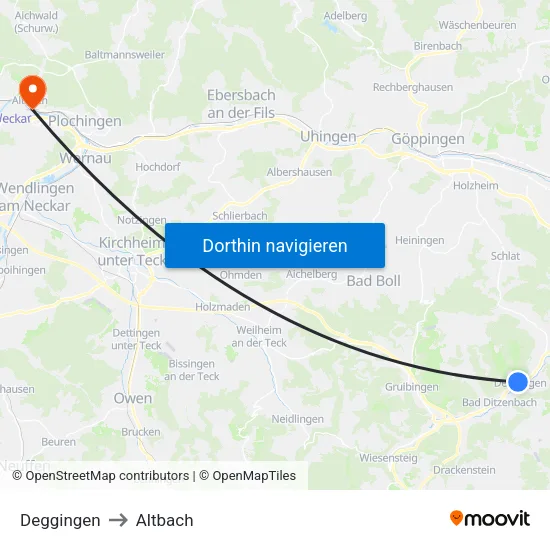 Deggingen to Altbach map