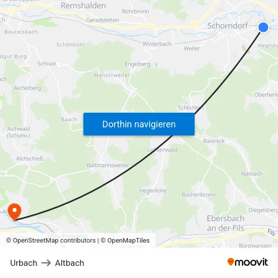 Urbach to Altbach map