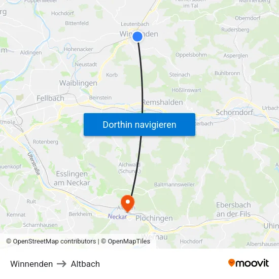 Winnenden to Altbach map