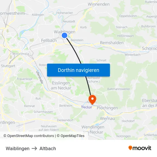 Waiblingen to Altbach map