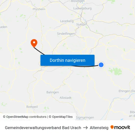 Gemeindeverwaltungsverband Bad Urach to Altensteig map