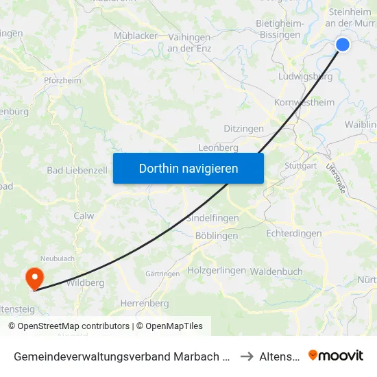 Gemeindeverwaltungsverband Marbach am Neckar to Altensteig map