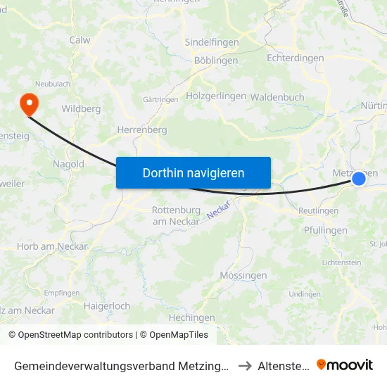 Gemeindeverwaltungsverband Metzingen to Altensteig map