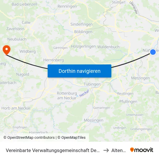 Vereinbarte Verwaltungsgemeinschaft Der Stadt Nürtingen to Altensteig map