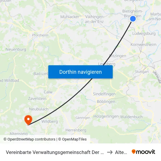 Vereinbarte Verwaltungsgemeinschaft Der Stadt Bietigheim-Bissingen to Altensteig map