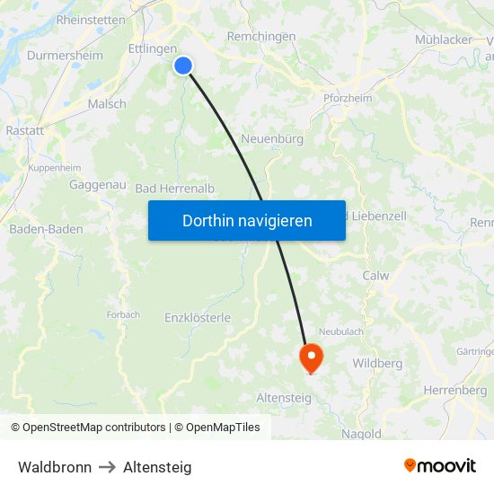 Waldbronn to Altensteig map