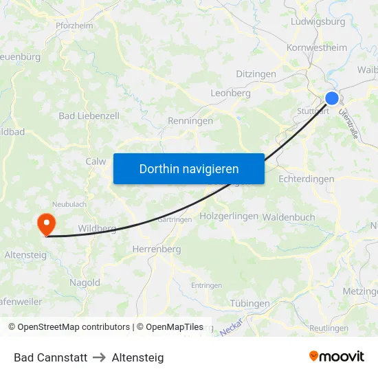 Bad Cannstatt to Altensteig map