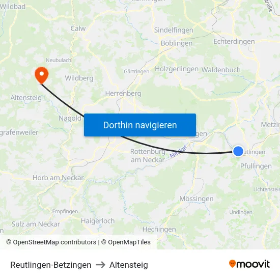 Reutlingen-Betzingen to Altensteig map