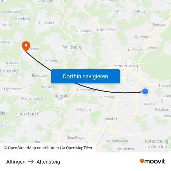 Altingen to Altensteig map