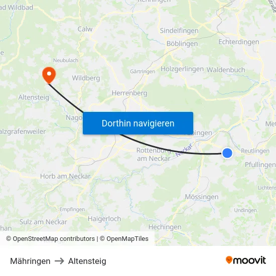 Mähringen to Altensteig map