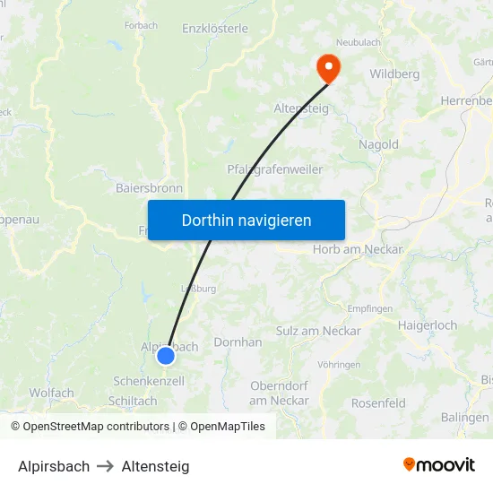Alpirsbach to Altensteig map