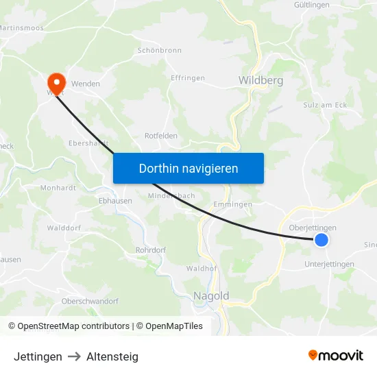 Jettingen to Altensteig map