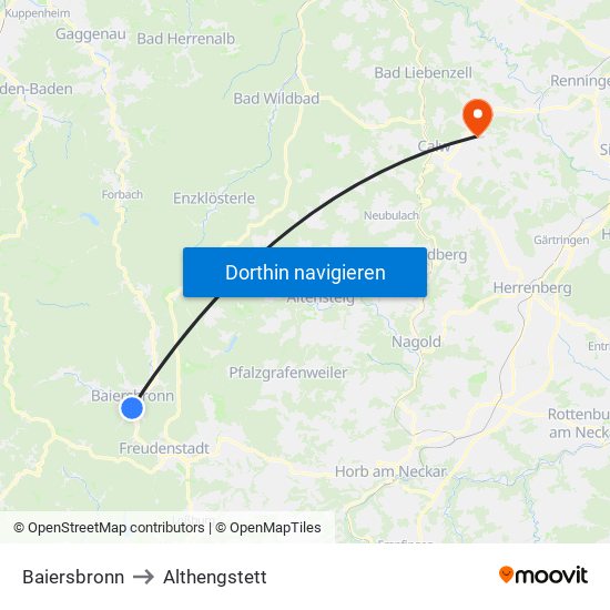 Baiersbronn to Althengstett map