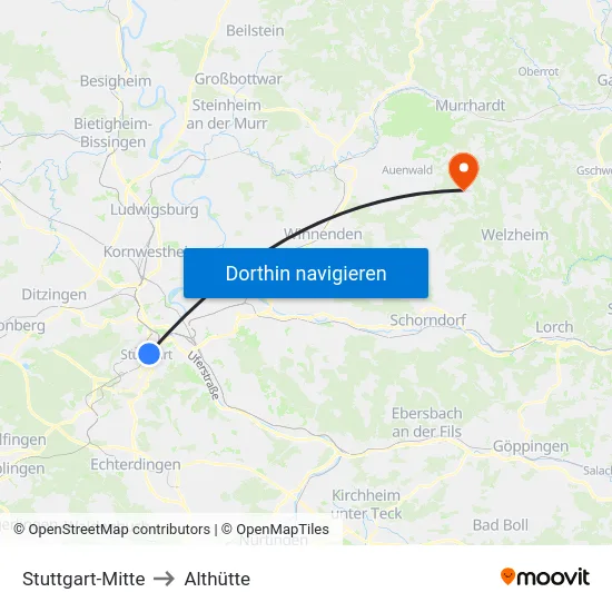 Stuttgart-Mitte to Althütte map