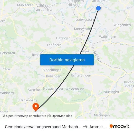 Gemeindeverwaltungsverband Marbach am Neckar to Ammerbuch map