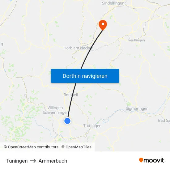 Tuningen to Ammerbuch map