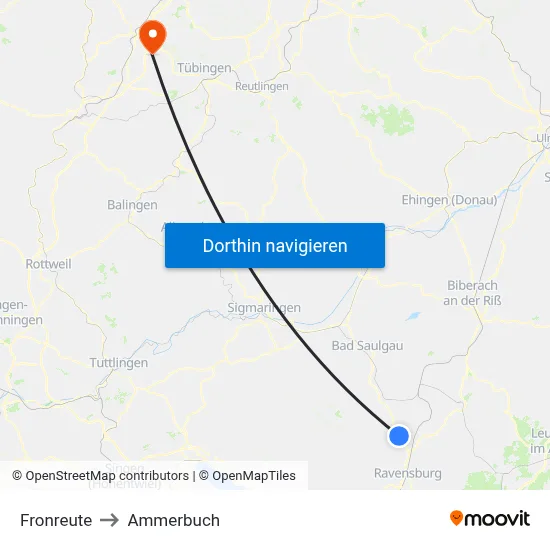 Fronreute to Ammerbuch map