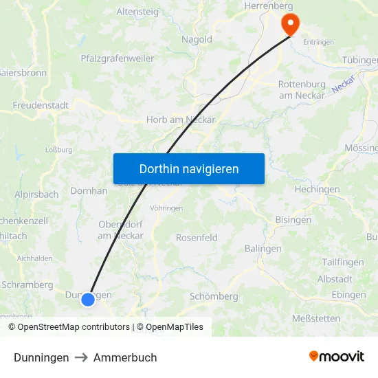 Dunningen to Ammerbuch map