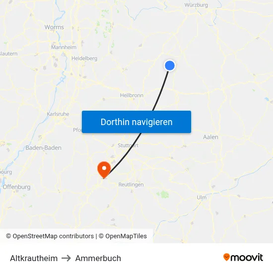Altkrautheim to Ammerbuch map