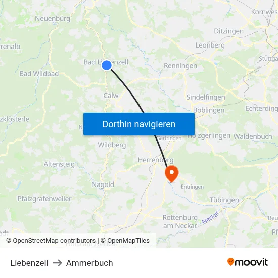 Liebenzell to Ammerbuch map