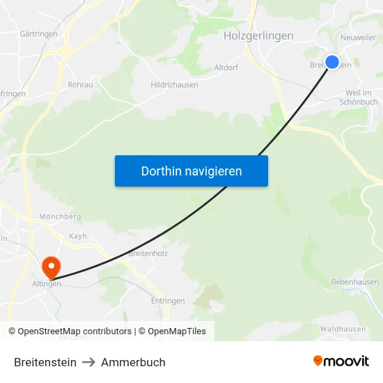 Breitenstein to Ammerbuch map