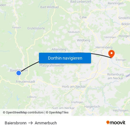 Baiersbronn to Ammerbuch map